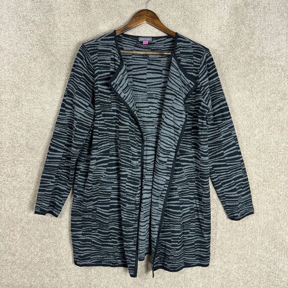 Vince Camuto Long Cardigan Womens Size Small Gray/Black Striped Zebra Open Front - Picture 1 of 10